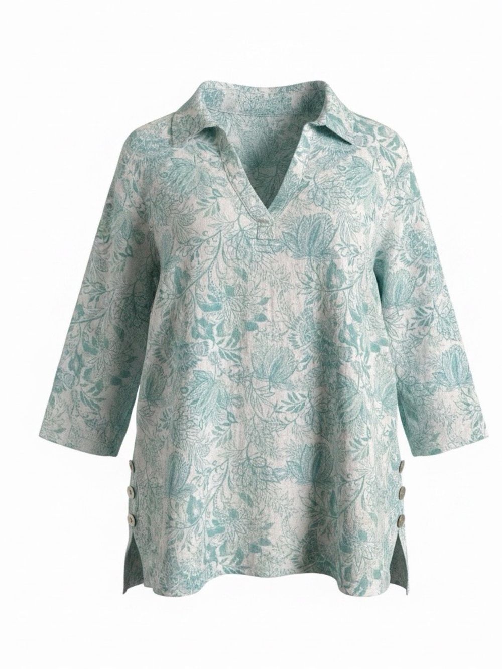 Sigrid Olsen women’s Light Teal Floral V-Neck Collared Tunic Top size L